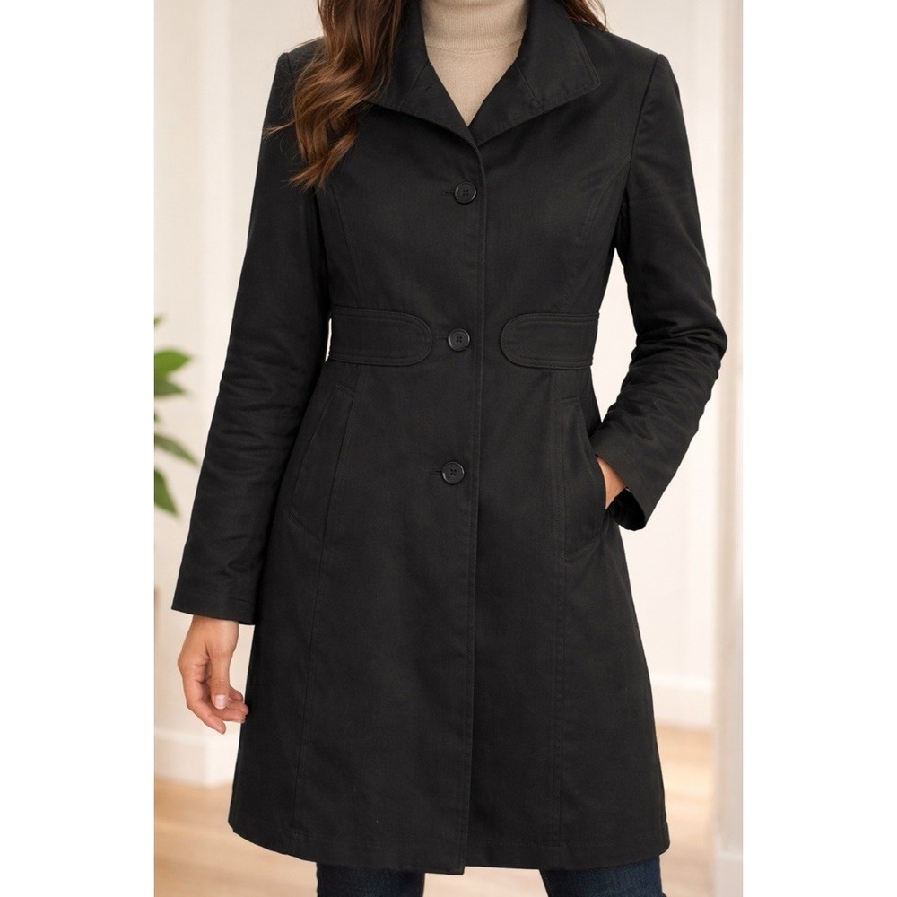 Via Spiga Black Button Up Funnel Neck Trench Coat Jacket Size 10